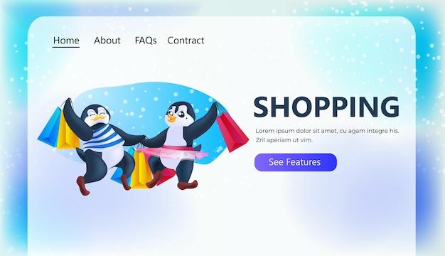 Cute pingüinos celebración de compras cartel de venta compras navideñas descuento estacional concepto de longitud completa espacio de copia horizontal ilustración vectorial