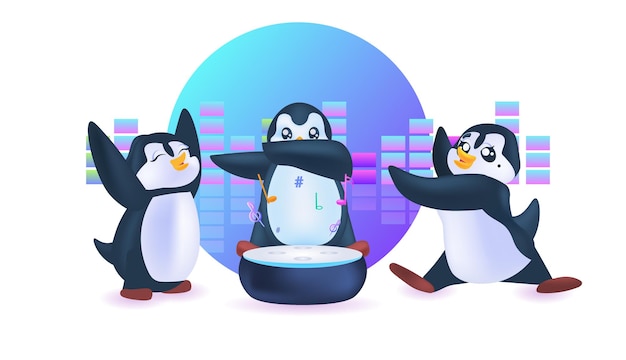 Cute pingüinos disc jockey aves antárticas dj music party concepto horizontal de longitud completa