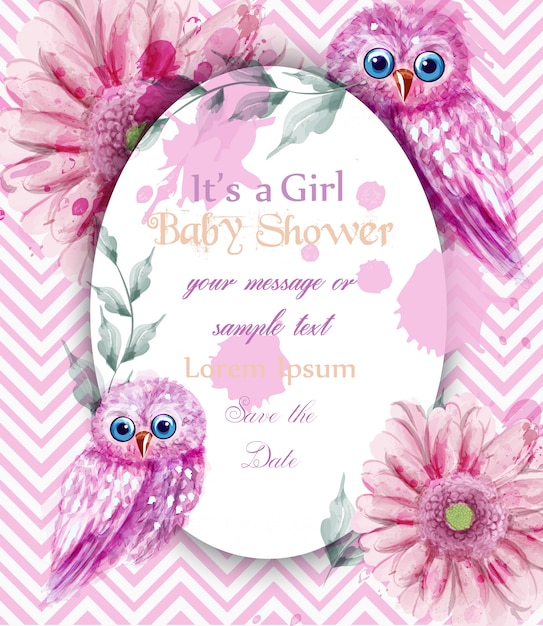 Cute pink owls card baby shower invitación acuarela