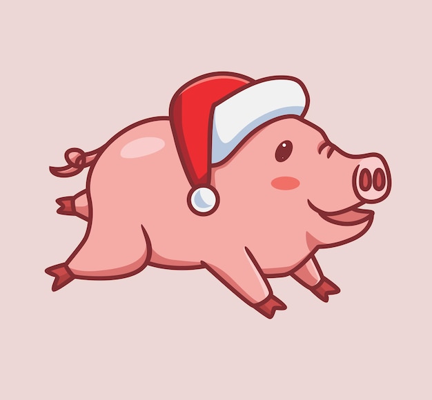 Cute Pink Pig Run Animal de dibujos animados aislado Ilustración de Navidad Estilo plano