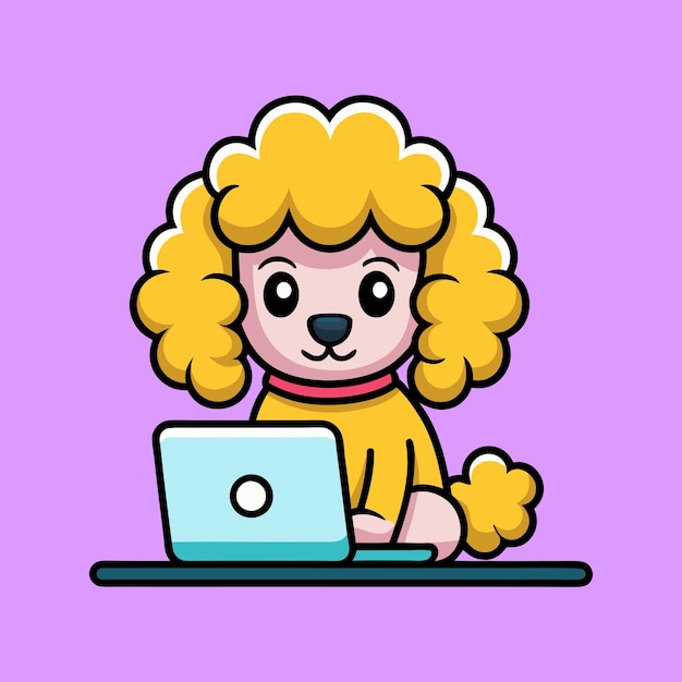 Cute Poodle trabajando en el vector de la computadora portátil