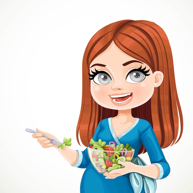 Vector cute pregnant woman eating fresh salad isolated on a white background