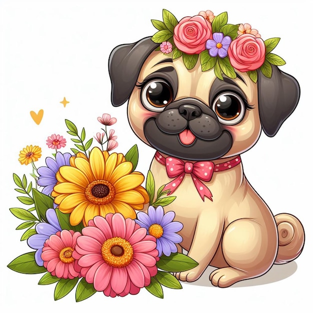 Vector cute pug dogs flower vector ilustración de dibujos animados