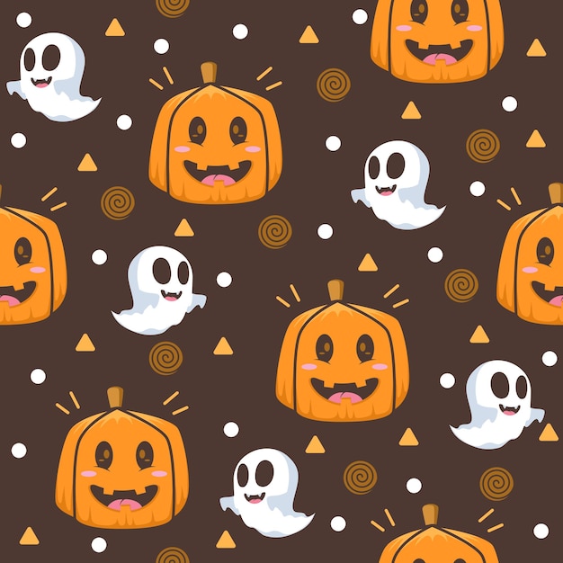 Cute pumpkins with ghost halloween pattern ilustraciones