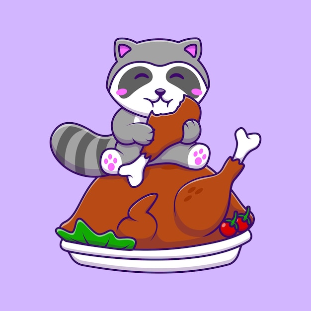 Cute raccon eat chicken grill cartoon ector icons ilustración conceptos de dibujos animados planos