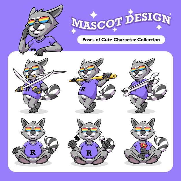 Cute_Raccoon_Mascot_Character_Cartoon_Vector_Collection_Set (Colección de dibujos animados)