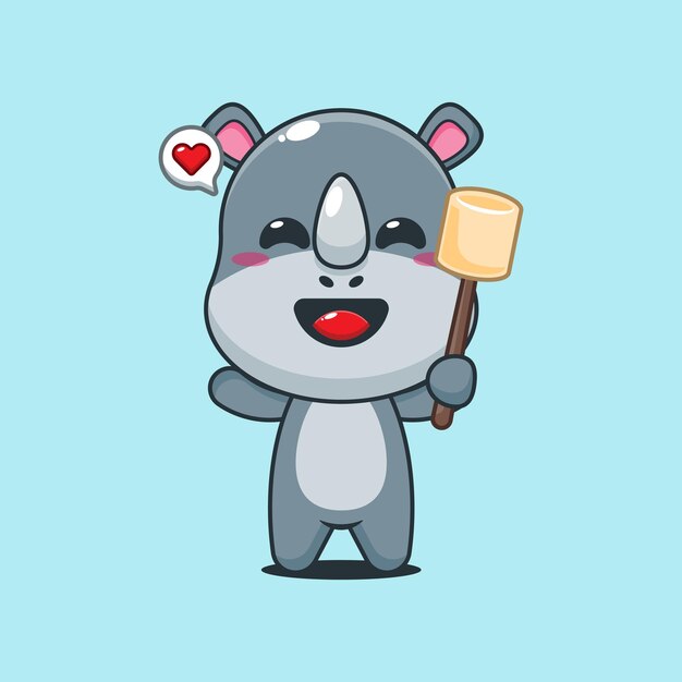 Cute rhino cartoon vector illustration eating marshmallow