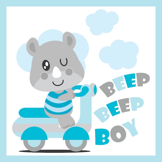 Vector cute rinoceronte de bebé impulsa la motocicleta ilustración vectorial de dibujos animados para el diseño de la tarjeta de bebé de la ducha, el diseño de la camiseta de niño, y el papel tapiz