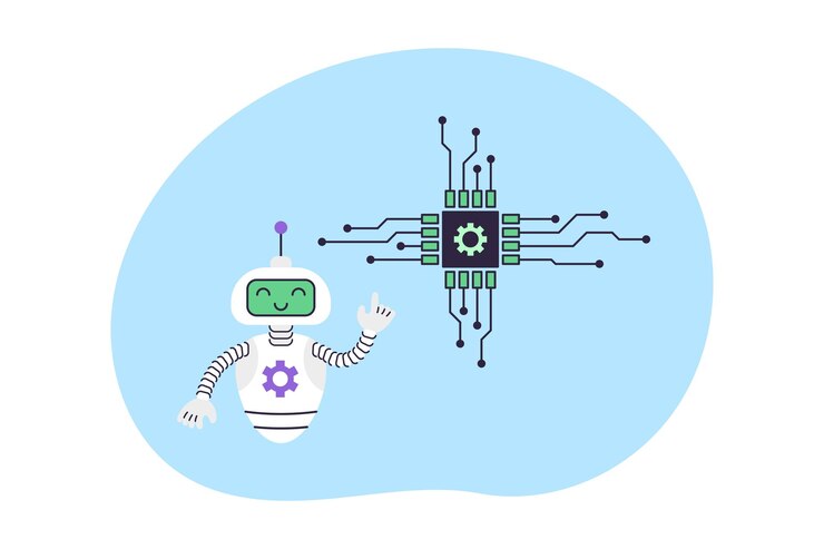 Vector cute robot points at electronic chip artificial intelligence virtual assistant business and