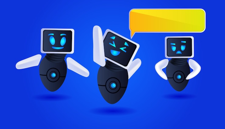Vector cute robots discutiendo durante la reunión chat burbuja comunicación inteligencia artificial tecnología concepto ilustración vectorial horizontal de longitud completa