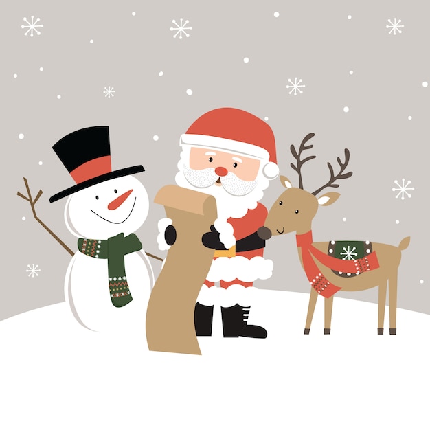Cute Santa, muñeco de nieve y renos leyendo la lista de regalos de Navidad, ilustración