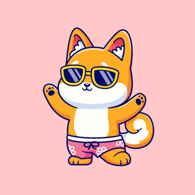 Cute Shiba Inu Dog Summer Cartoon Icon Vector Ilustración Iconas de vacaciones de animales Vector plano aislado