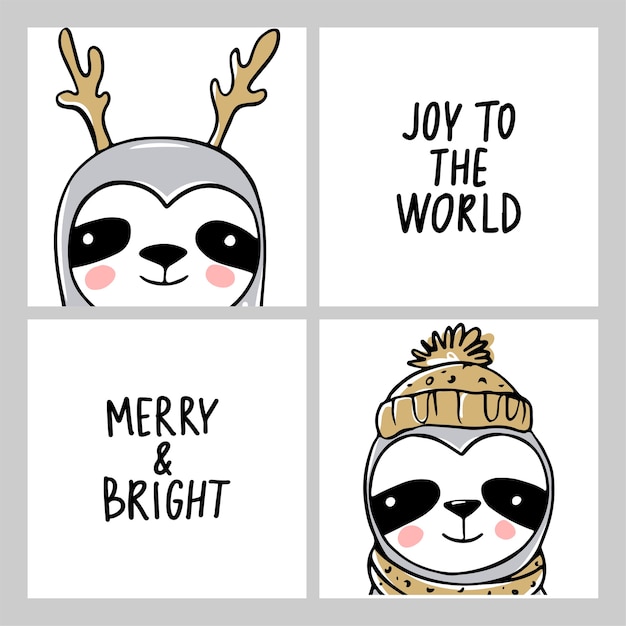 Cute sloth, colección de tarjetas de feliz navidad. ilustraciones divertidas para las vacaciones de invierno. doodle osos perezosos perezosos e inscripciones de letras. feliz año nuevo y navidad conjunto de animales.