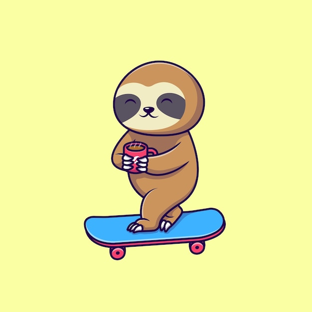 Vector cute sloth skateboarding and holding coffee cartoon vector iconos ilustración.