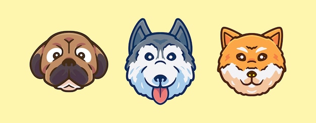 Cute y sonríe cabezas de perro conjunto paquete colección de dibujos animados personaje icono de ilustración vectorial