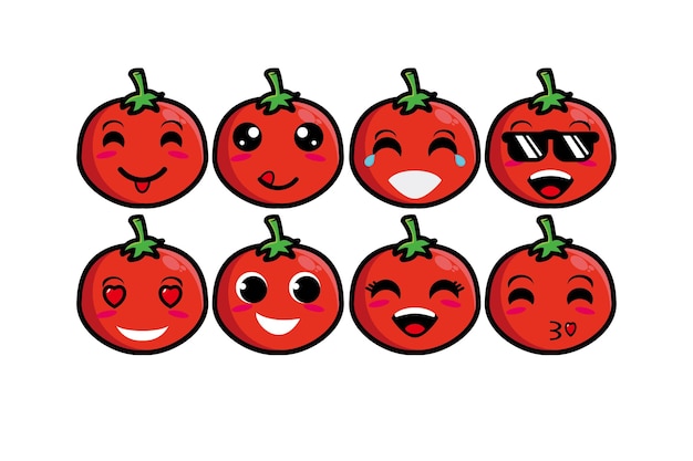 Cute sonriente tomate divertido set collection vector ilustración de mascota de personaje de cara plana de dibujos animados