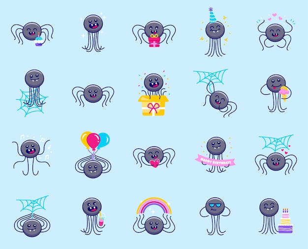 Cute spider emoji conjunto de arañas de cumpleaños con ojos y diferentes expresiones faciales