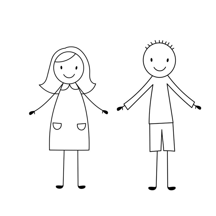 Vector cute stick sonriente niña y niño ilustración vectorial en estilo doodle aislado en blanco