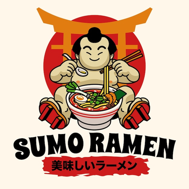 Cute Sumo Mascot Character Eating Ramen Noodle La palabra japonesa significa ramen delicioso