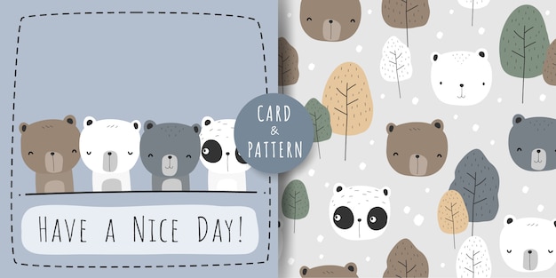 Cute teddy polar panda bear cartoon doodle seamless pattern and card bundle