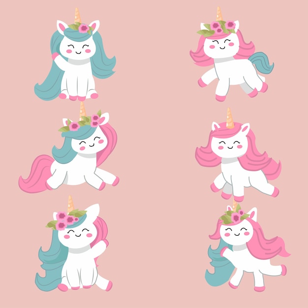 cute unicornio de dibujos animados de diseño vectorial juego de personajes