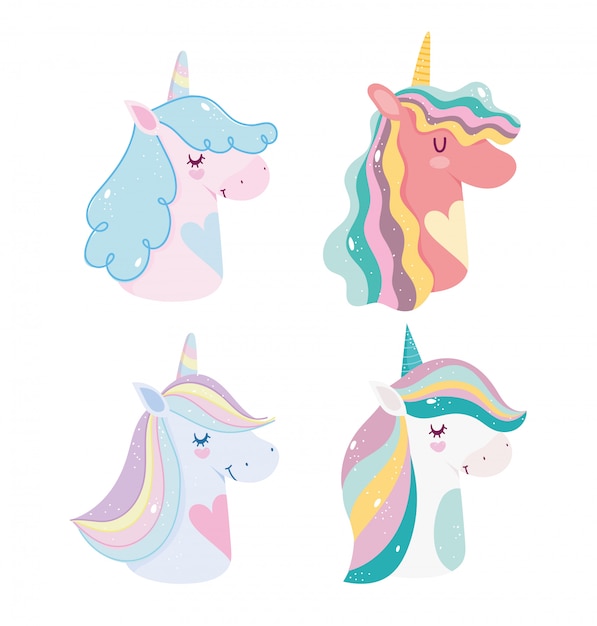 Cute unicornios magia fantasía dibujos animados arco iris cuernos melena retrato iconos