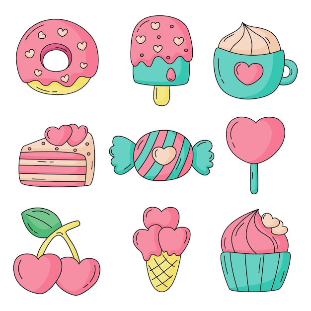 Vector cute valentines dulces corazón lollipop dulce hielo iconos conjunto aislado sobre fondo blanco.