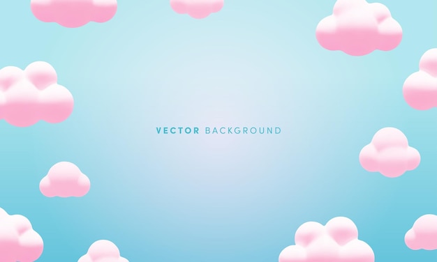 Cute vector background with cartoon 3d pink clouds Minimal 3d fluffy bubbles in blue sky Trendy abstract nature background for wallpaper web decor design