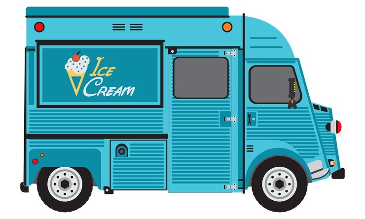 Cute Vintage Ice Cream Van en ilustración de vector de color azul cielo