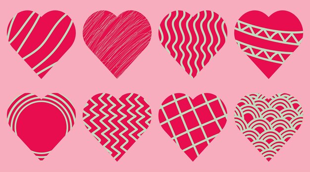 Cute Viva Magenta Hearts con Doodles Vector Icon Set sobre fondo rosa