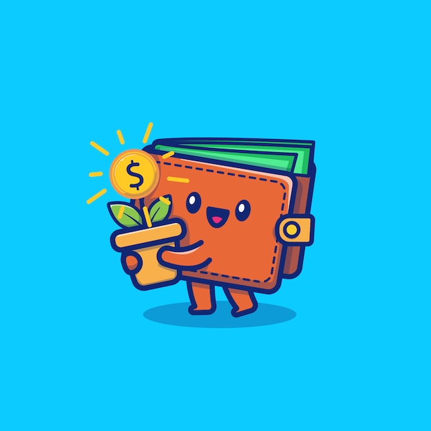 Vector cute wallet money cartoon vector icono ilustración. concepto de icono de negocios y finanzas vector premium aislado. estilo plano de dibujos animados