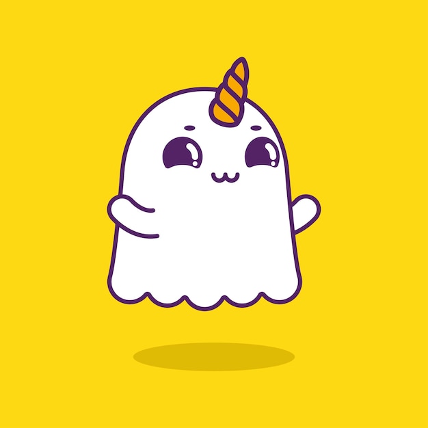 Vector cutie amistoso fantasma como unicornio aislado sobre fondo amarillo