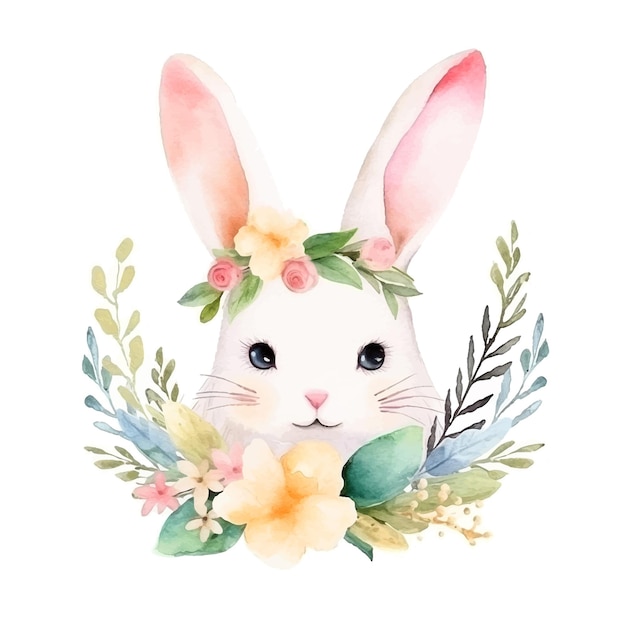 Cutie conejo rodeado de flores pintura acuarela