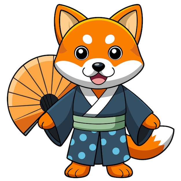 Cutio Shiba Inu Perro con traje japonés y ventilador de mano Icono de dibujos animados vectorial Ilustración Icono de moda animal Concepto aislado Estilo de dibuyos animados plano vectorial premium