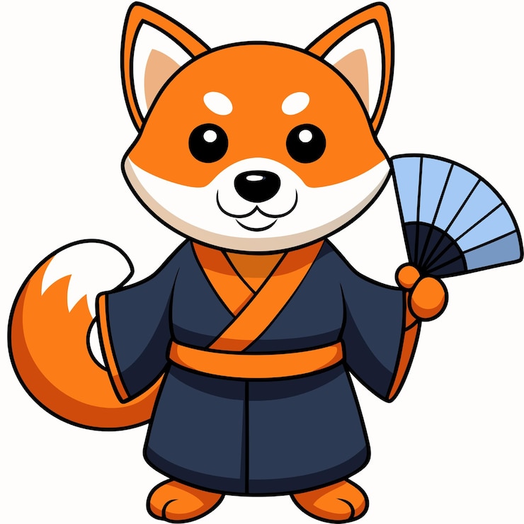 Vector cutio shiba inu perro con traje japonés y ventilador de mano icono de dibujos animados vectorial ilustración icono de moda animal concepto aislado estilo de dibuyos animados plano vectorial premium