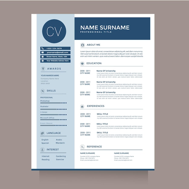 CV CV Vector Currículum minimalista para diseño de currículum multipropósito plantilla de diseño de currículum vitae