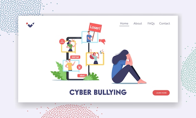 Cyber bullying, social attack, bully hate plantilla de página de destino. personaje adolescente llorando frente a la pantalla del teléfono inteligente después de ser intimidado y llamado nombres desagradables a través de internet. ilustración vectorial de dibujos animados