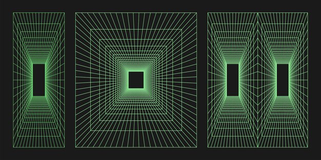 Cyber grid retro punk perspectiva túnel rectangular Geometría de túnel de rejilla sobre fondo negro Ilustración vectorial