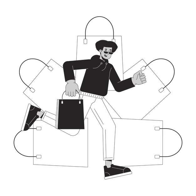 Cyber lunes comprador de vacaciones en blanco y negro 2D línea personaje de dibujos animados hombre latinoamericano corriendo apresuradamente aislado contorno vectorial persona viernes negro locura ilustración de punto plano monocromático