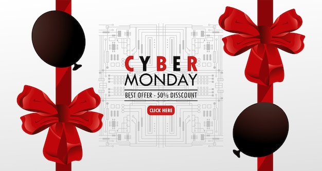 Cyber monday con globos de helio de color rojo y arcos.