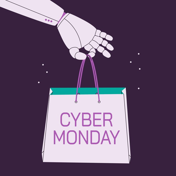 Vector cyber monday la mano del robot o la mano cibernética sostiene una bolsa de regalos con la inscripción vector banner