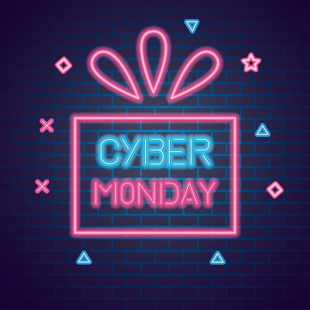 Cyber monday neon sobre fondo de ladrillos, banner de oferta de venta