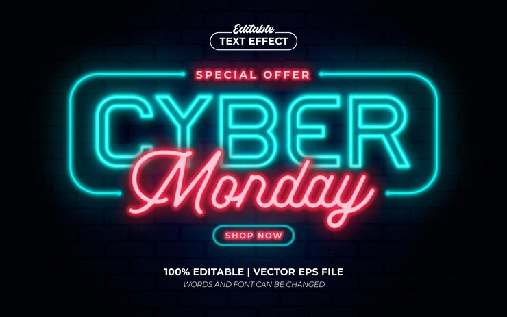 Vector cyber monday sale neón 3d estilo de fuente de efecto de texto editable futurista