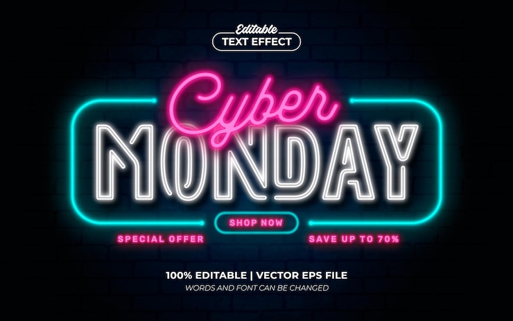 Vector cyber monday sale neón resplandor luz efecto de texto editable estilo de fuente