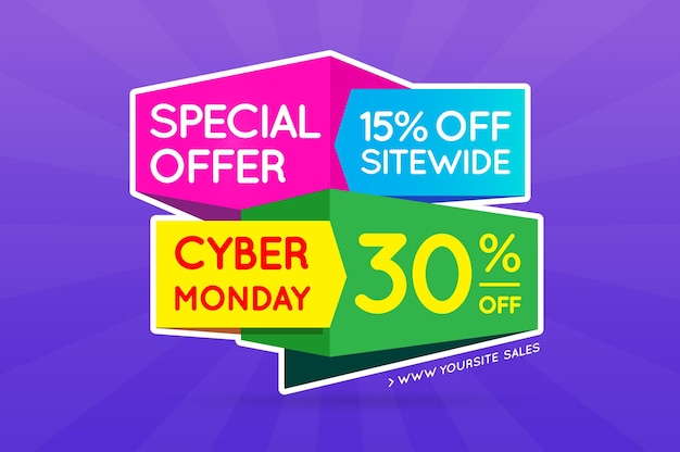 Cyber Monday Sale Sign Banner Poster listo para Web e Print Vector Super Mega enorme venta con oferta especial