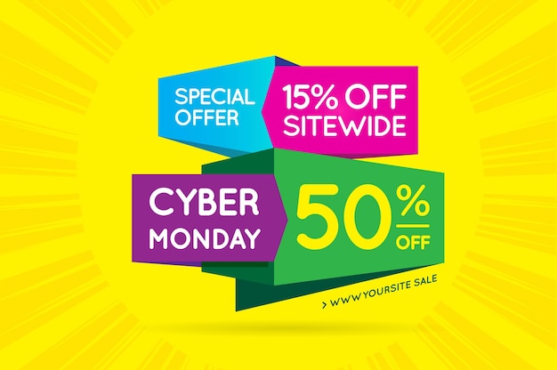 Cyber Monday Sale Sign Banner Poster listo para Web e Print Vector Super Mega enorme venta con oferta especial