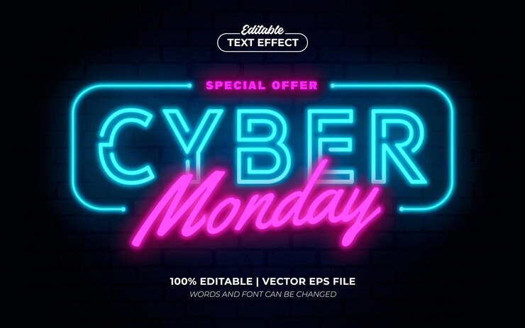Vector cyber monday venta 3d luz de neón estilo de fuente de efecto de texto editable