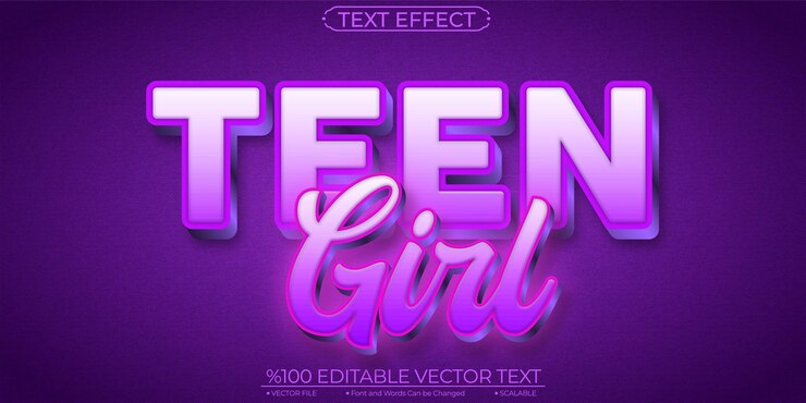 Vector cyber purple neon glow teen girl efecto de texto vectorial editable y escalable