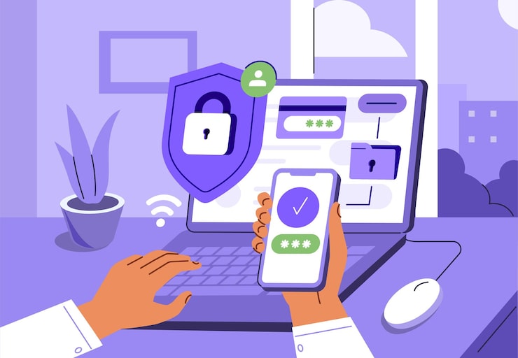 Vector cyber security character use two factor authentication on laptop for password validation data protection cybersecurity privacy secure network concept vector illustration