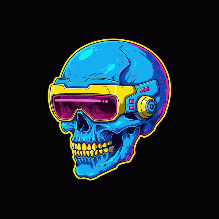 Vector cyberpunk cráneo neón cráneo azul con gafas futuristas